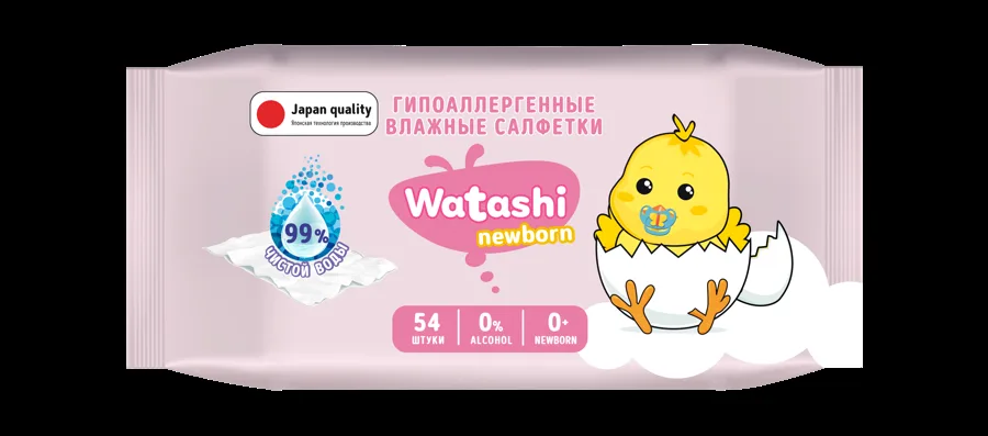 Влажные салфетки Watashi 0+ 54шт