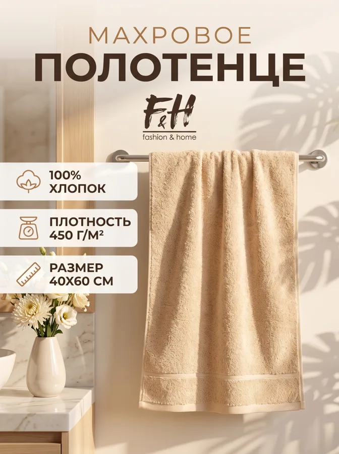 Полотенце махровое F&H Зеро Твист, 40х60 см, бежевый