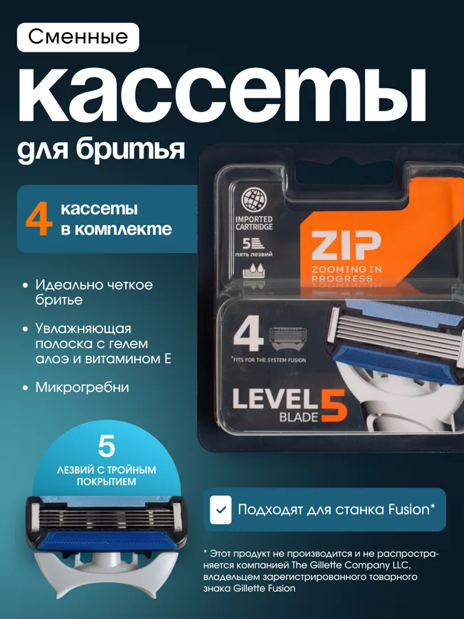 Кассеты сменные для бритвенного станка Zip Level, 5 лезвий, 4шт