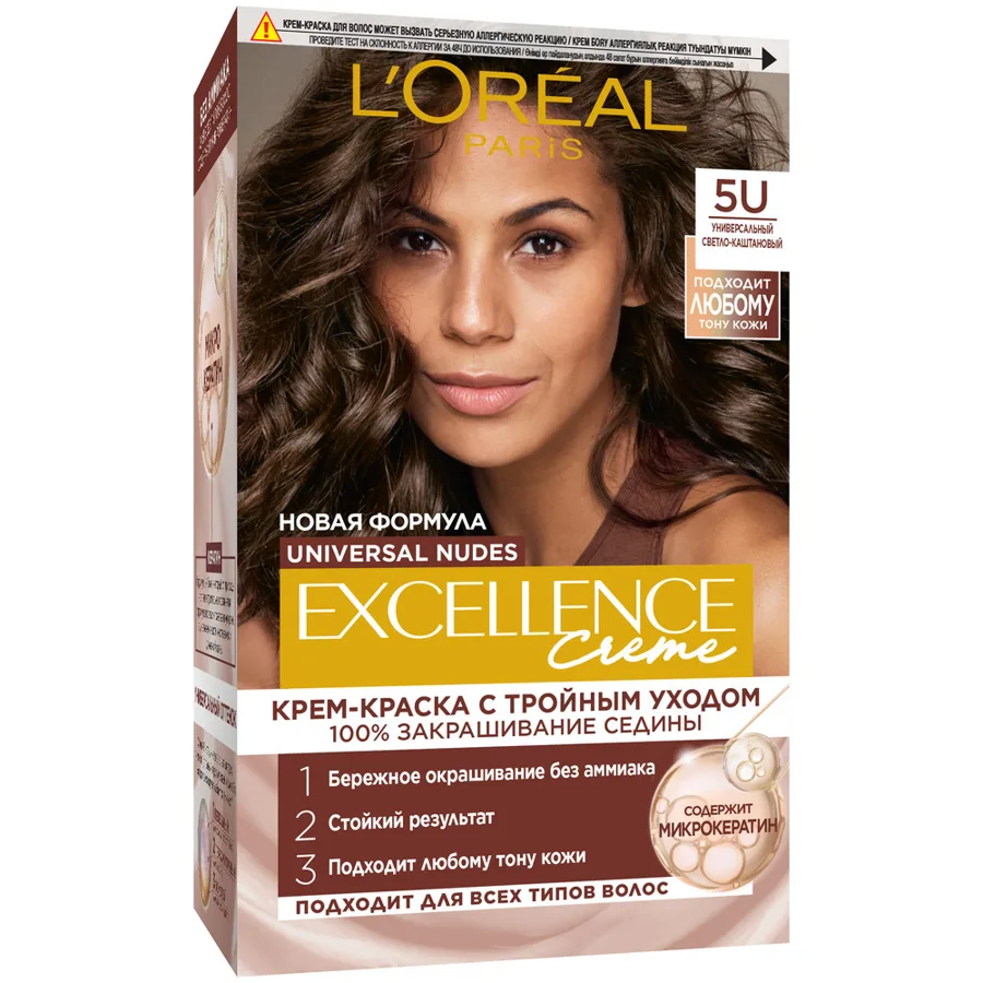 Крем-краска для волос L'Oreal Paris Превосходный Нюд (Excellence Nudes), стойкая, без аммиака, тон: 5U универсальный све