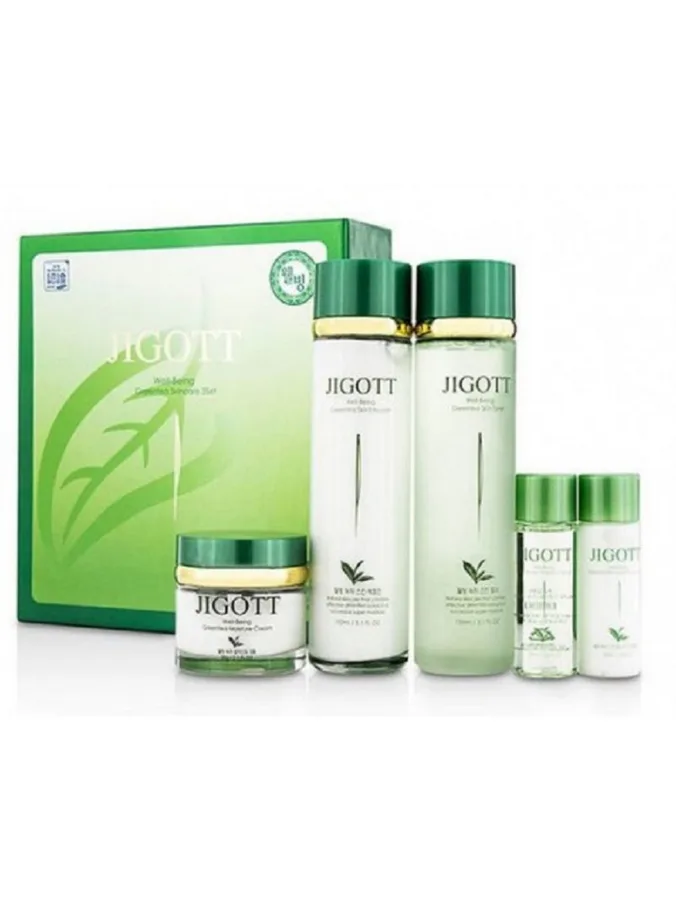 Набор подарочный Jigott Well-Being Green Tea Skin Care 3 Set, для лица с экстрактом зеленого чая, 410г