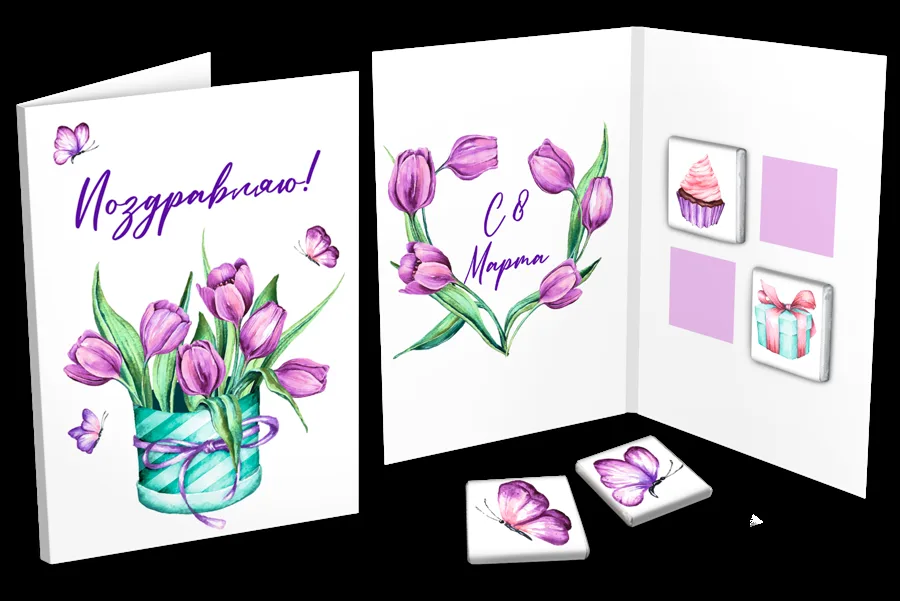 Открытка, ТЮЛЬПАНЫ, БАБОЧКИ, молочный шоколад, 20 г, TM Chokocat