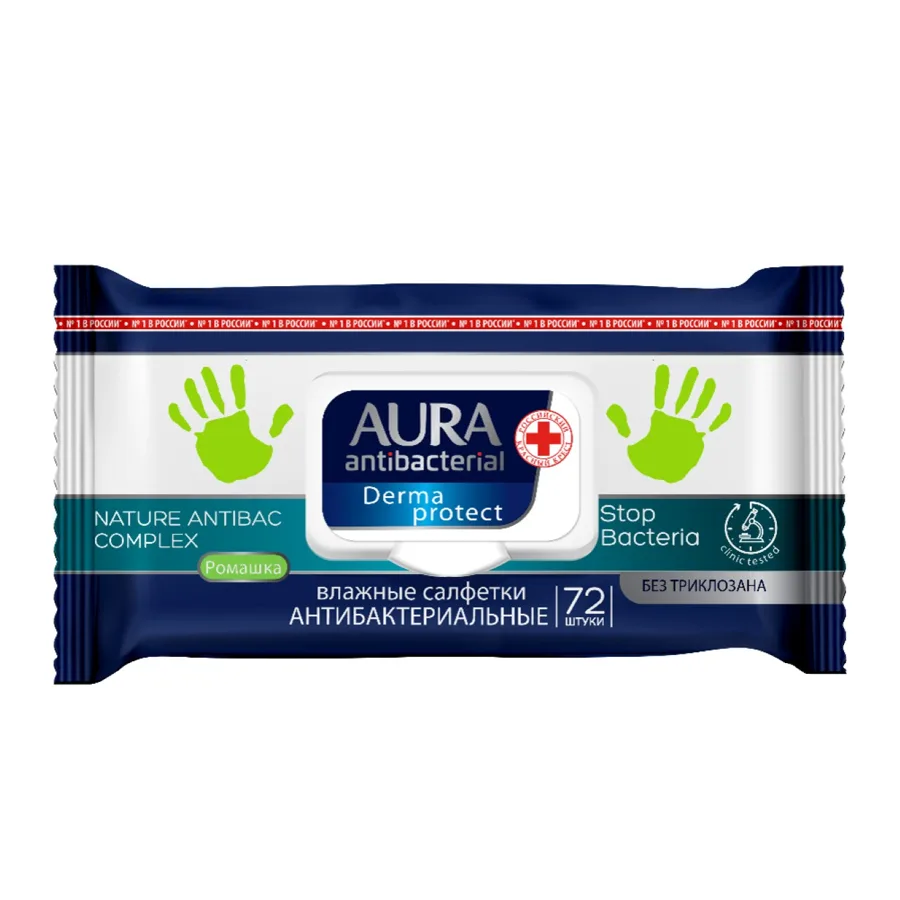 Влажные салфетки Aura Derma Protect, антибактериальные, ромашка, 72шт