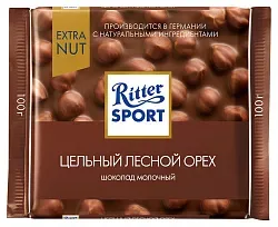 Шоколад РИТТЕР СПОРТ Экстранат молочный с цельным лесным орехом 100г