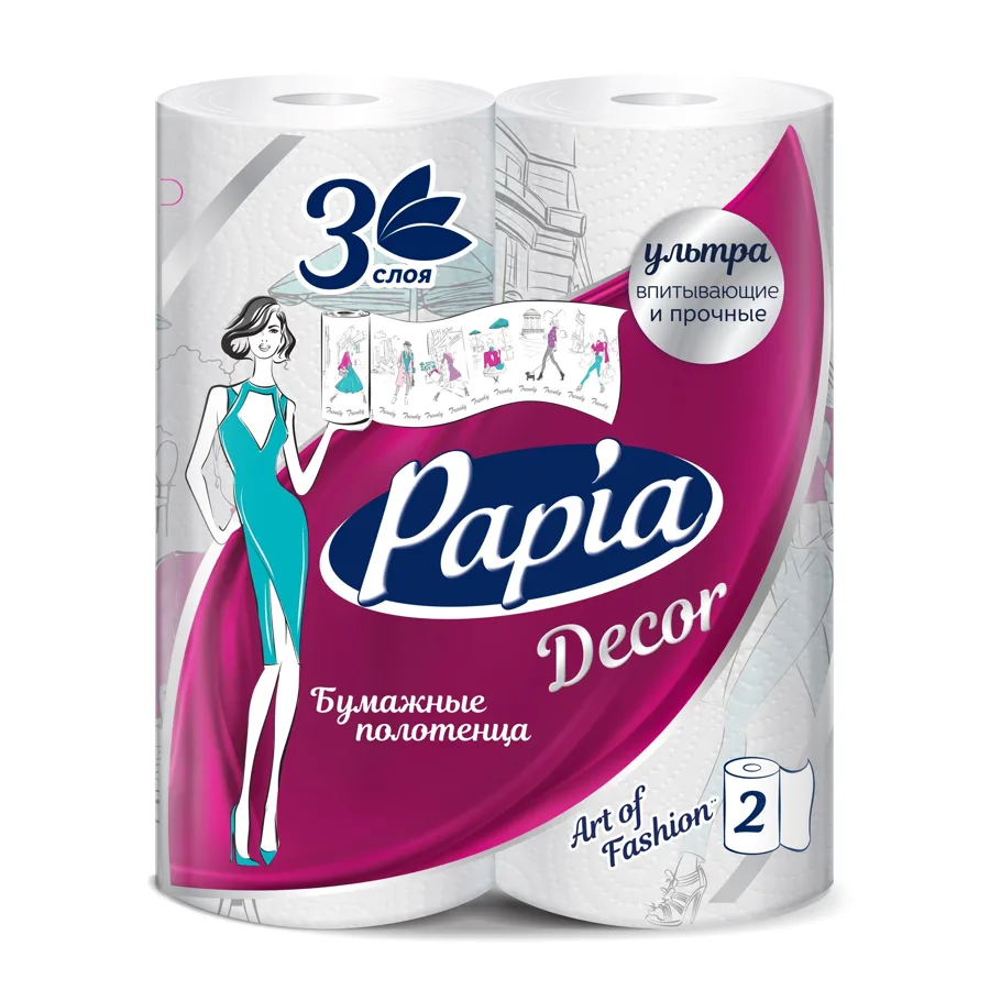 Бумажные полотенца Papia, 3 слоя, 2шт, Декор