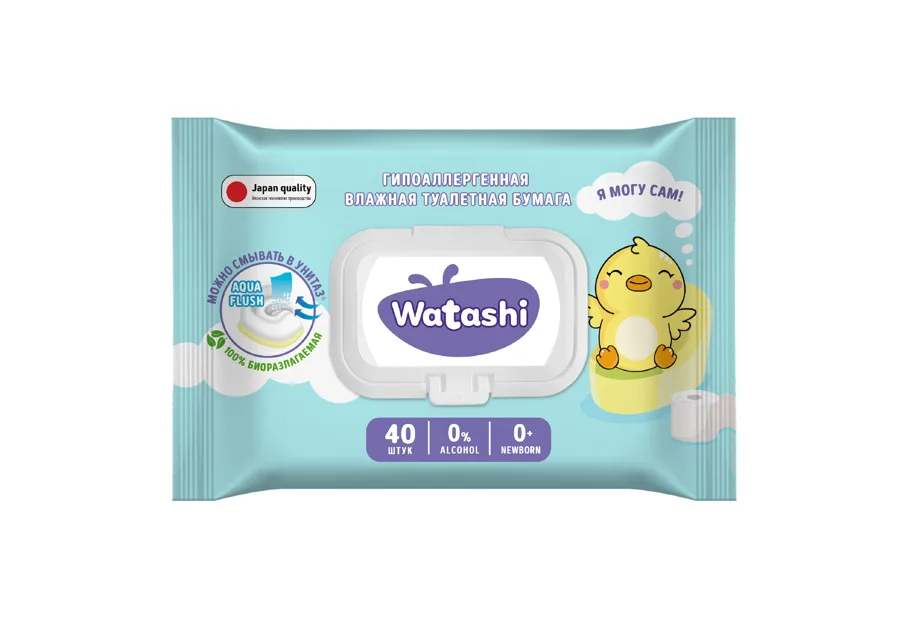 Туалетная бумага влажная детская Watashi, 0+, 40шт