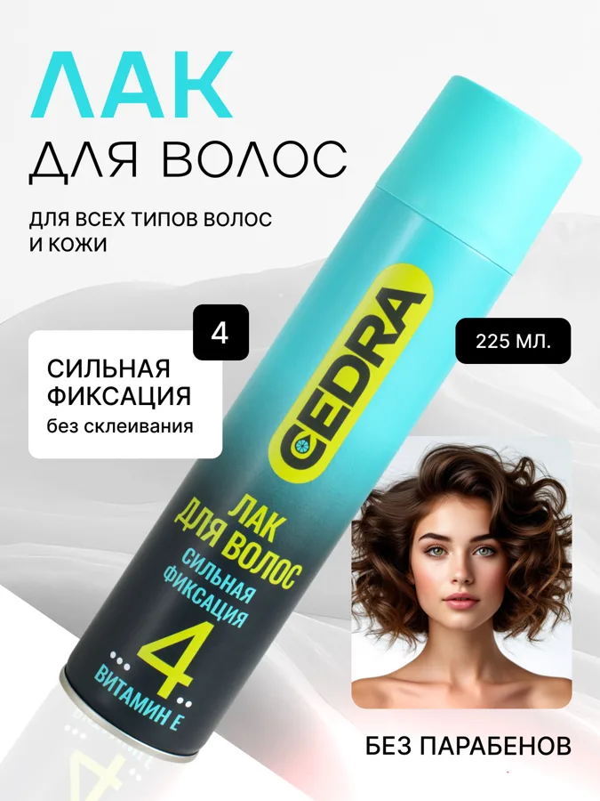 Лак для волос Cedra, сильная фиксация, с витамином Е, 225 мл