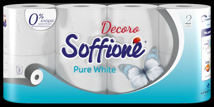 Туалетная бумага Soffione Pure, 2 слоя, 8 рулонов, белая