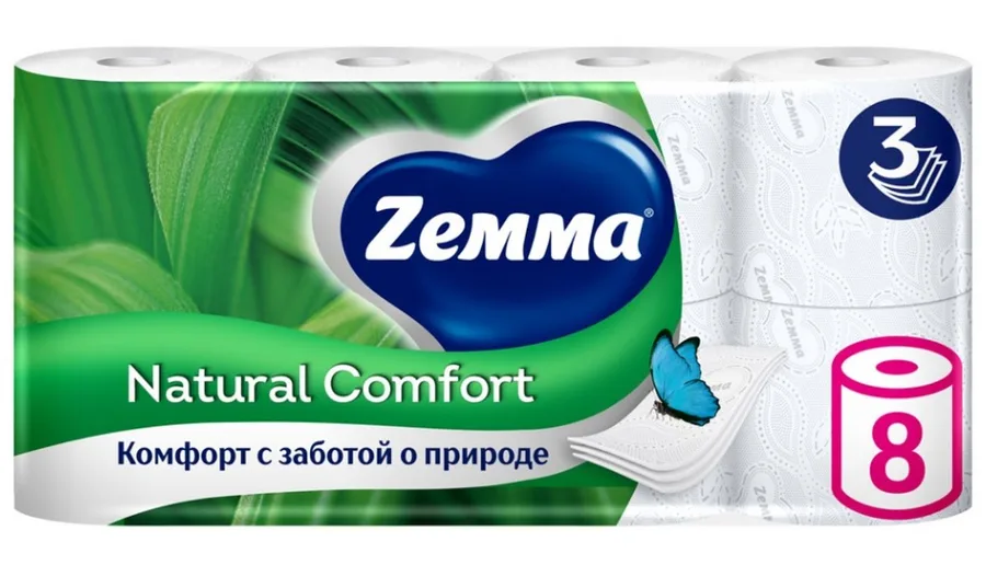 Туалетная бумага ZEMMA Natural Comfort, 3 слоя, 8 рулонов
