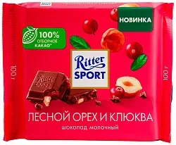 Шоколад РИТТЕР СПОРТ молочный клюква и лесной орех 100г