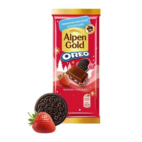 Шоколад Oreo нежная клубника молочный с кусочками печенья Alpen Gold 90г/85г