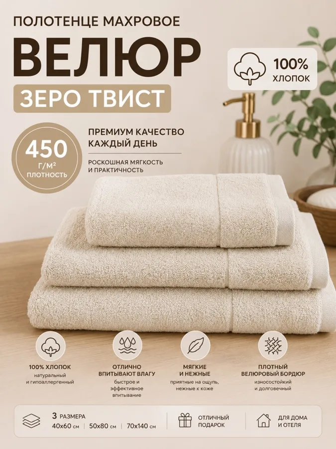 Полотенце махровое 50х80 пл 450 Зеро Твист бежевый