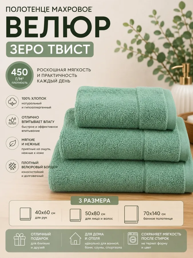 Полотенце махровое 50х80 пл 450 Зеро Твист олива