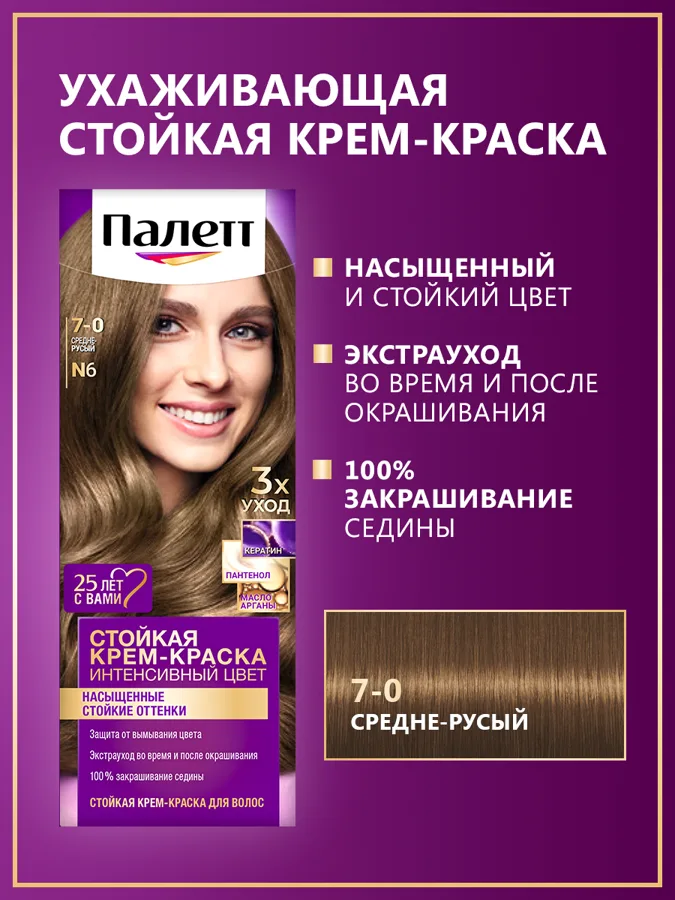 Стойкая крем-краска Палетт Интенсивный цвет, тон: 7-0 Средне-русый, 110мл